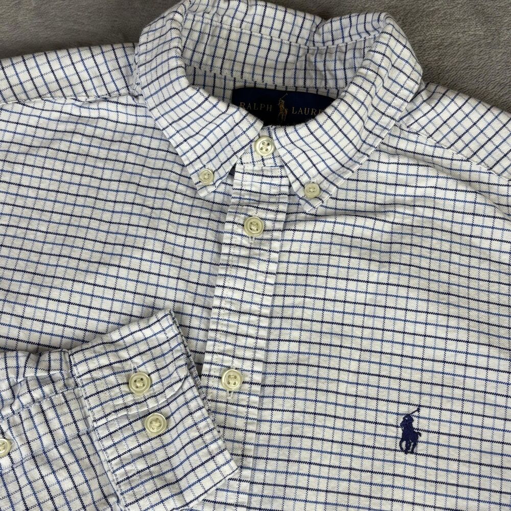 Ralph Lauren Dress Shirt boys 18 White Blue Check Custom‎ Fit Slim Button Down